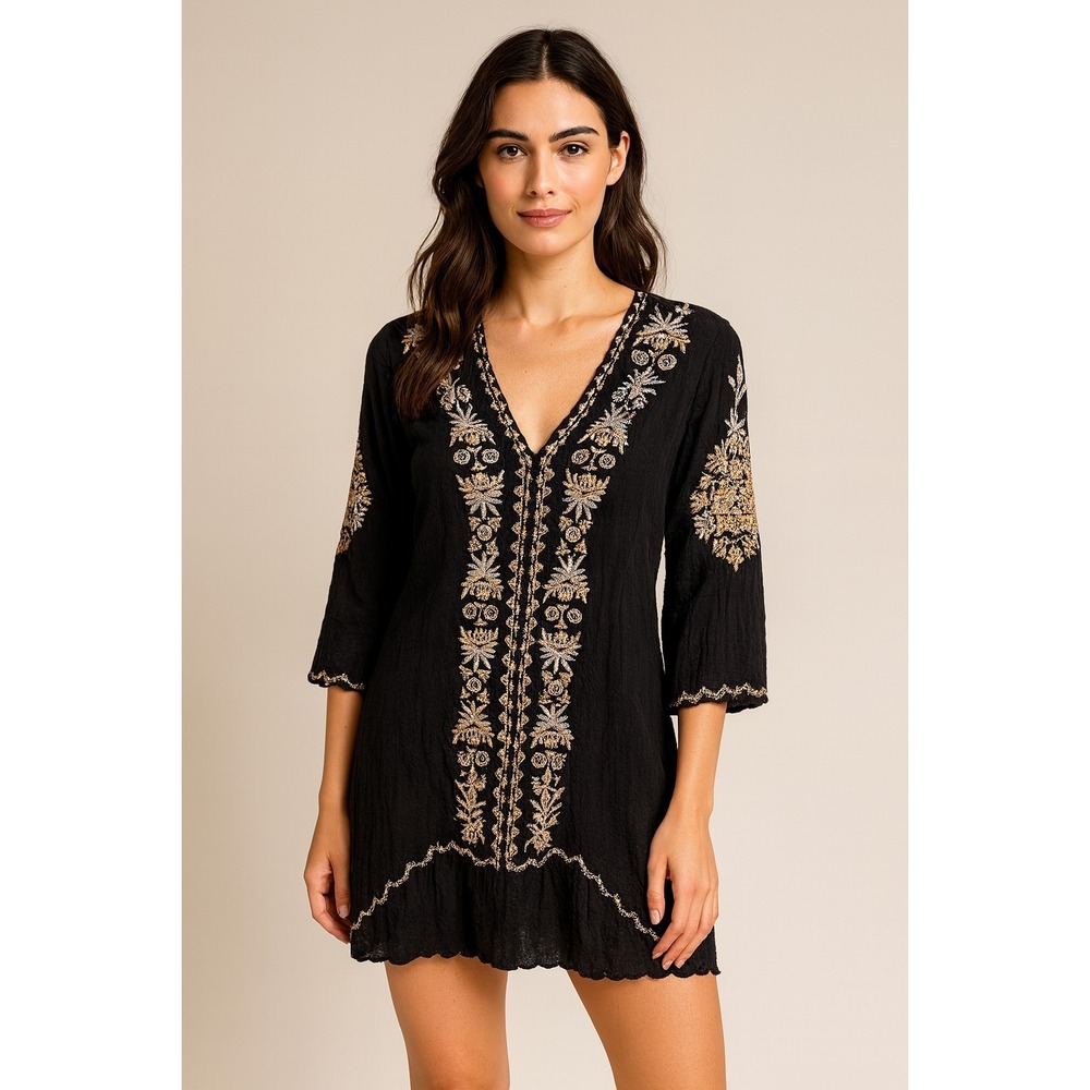 Mo Huan Yi Chu Dress M Hi‎ Low Flowy Embroidered Boho Tunic Black Gauze